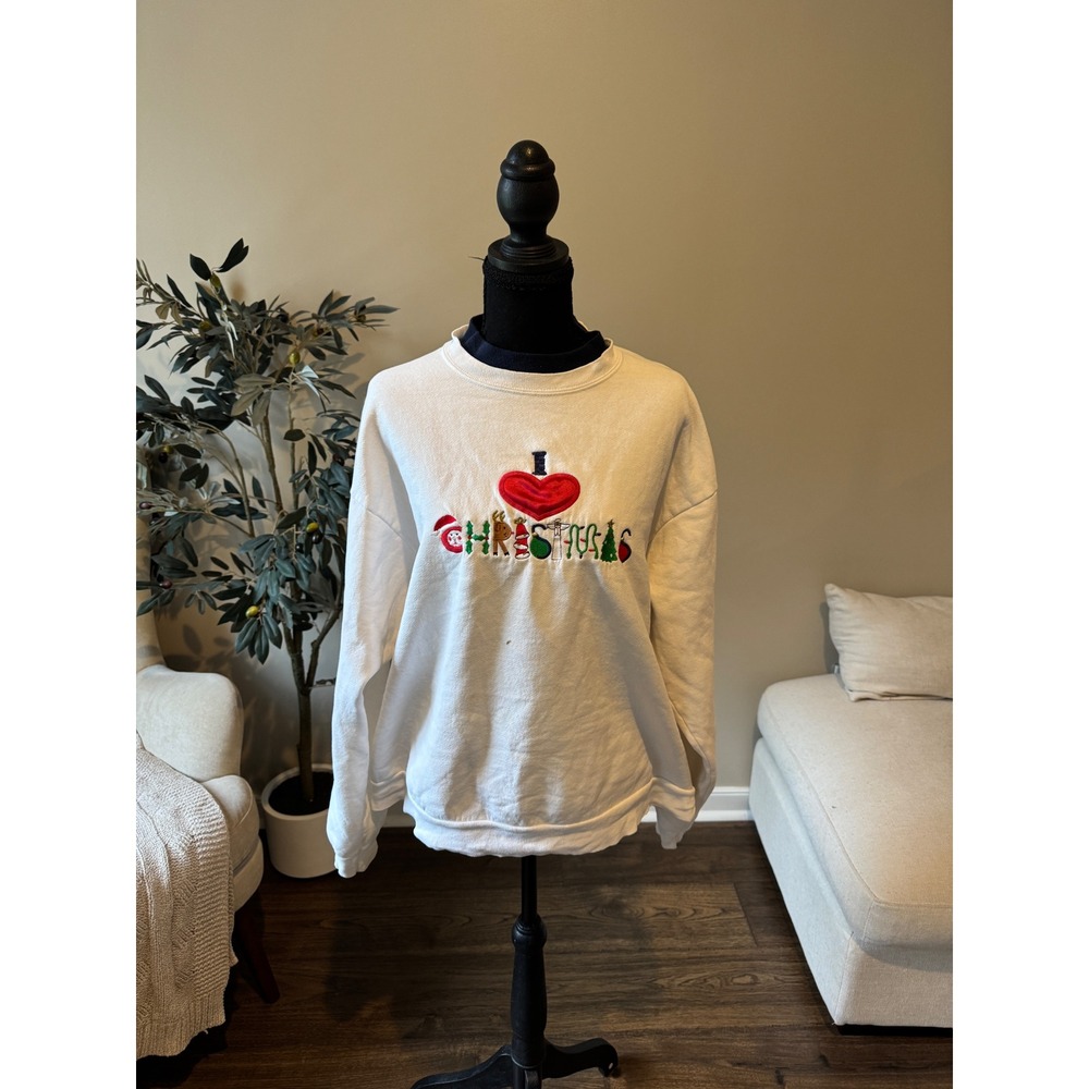 Vintage MC Energy Sportswear I Love Christmas Embroidered Sweatshirt Large White